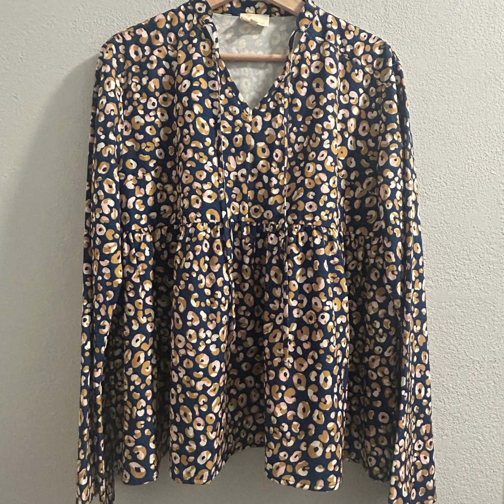 Layerz Clothing Blouse Leopard Print Long Sleeve Babydoll Top Navy‎ Pink Gold M
